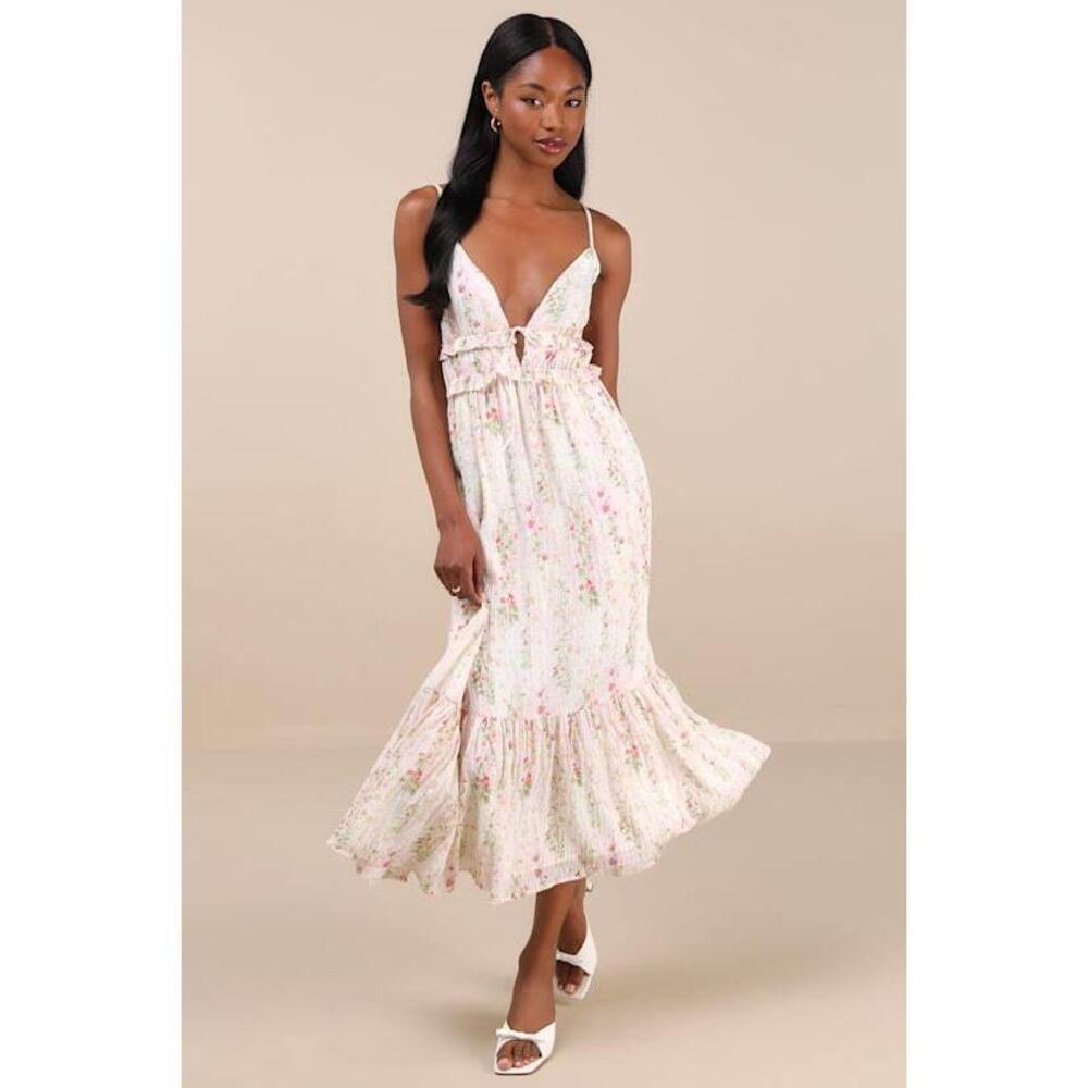 Lulus Sandi Ivory Multi Floral Tie-front Midi Dress White - Size XL